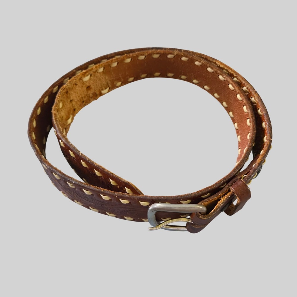 Vintage Brown Tooled Leather Western Belt Whipstitch Floral Embossed Distressed